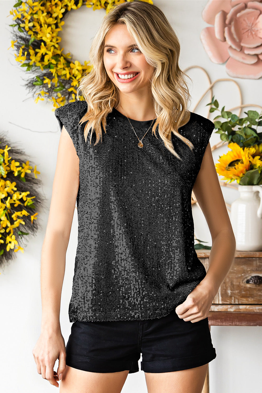 Women's Sequin Round Neck Capped Sleeve Tank