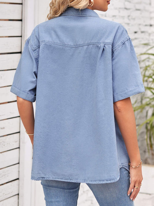 Women's Collared Neck Short Sleeve Denim Jacket