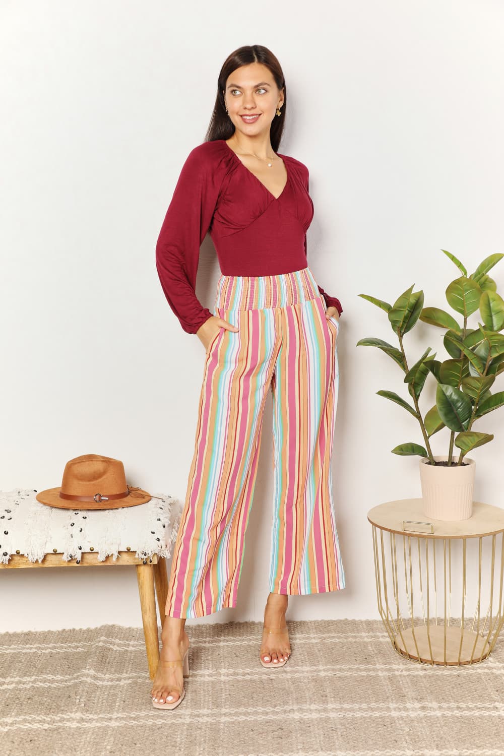 Double Take Striped Smocked Waist Pants with Pockets *