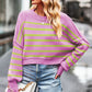 Striped Round Neck Drop Shoulder Slit Sweater