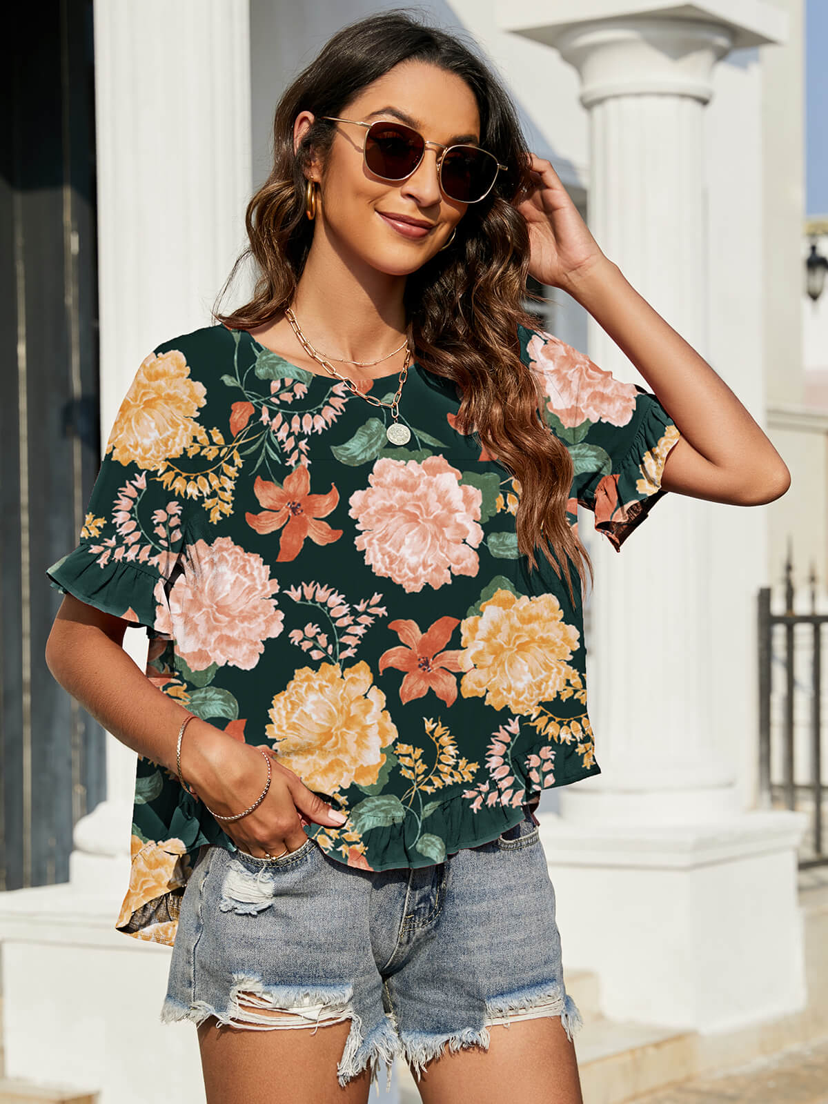 Women's Floral Ruffled Flounce Sleeve Blouse