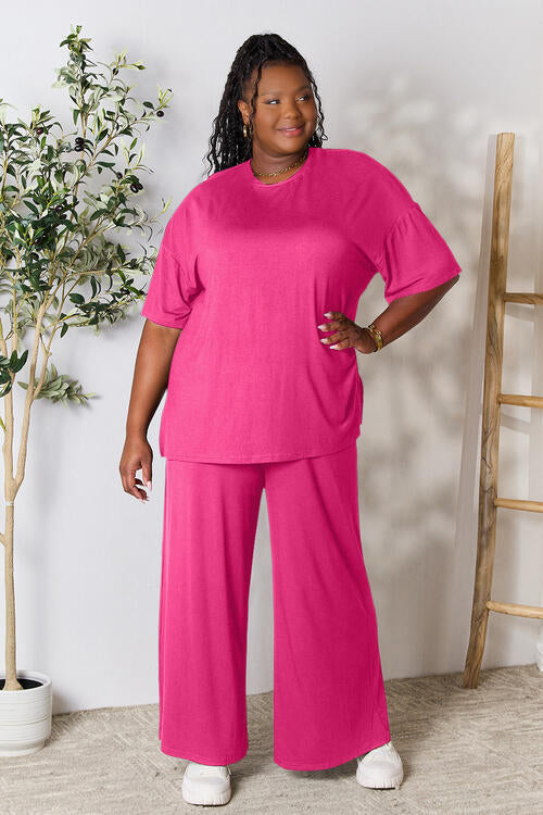 Double Take Full Size Round Neck Slit Top and Pants Set *