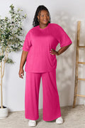 Double Take Full Size Round Neck Slit Top and Pants Set *