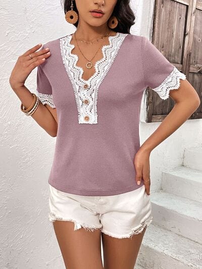 Lace Detail V-Neck Short Sleeve T-Shirt