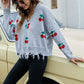 Cherry Pattern Frayed Trim V-Neck Sweater