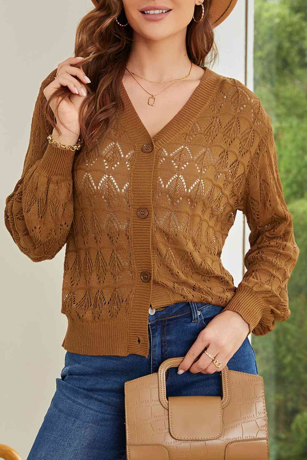 Full Size Openwork V-Neck Cardigan