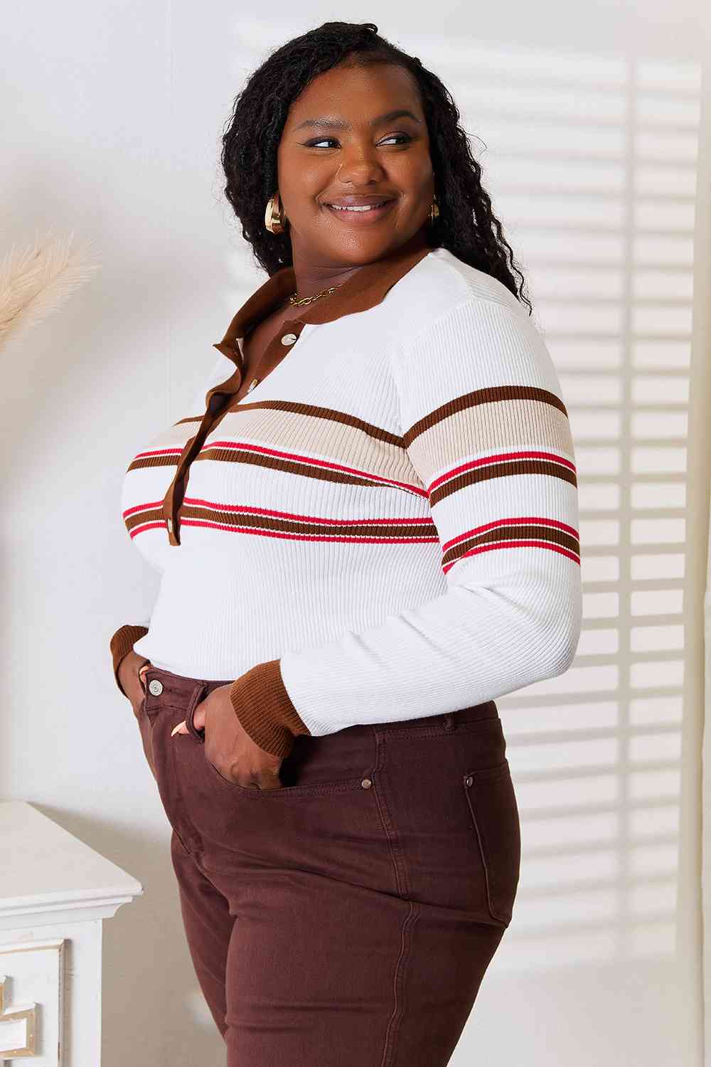 Basic Bae Striped Collared Neck Rib-Knit Top *