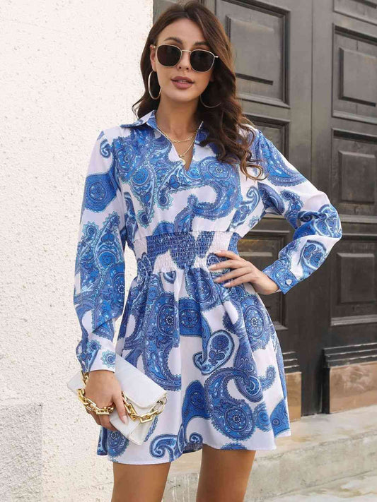 Joan Paisley Print Johnny Collar Smocked Dress