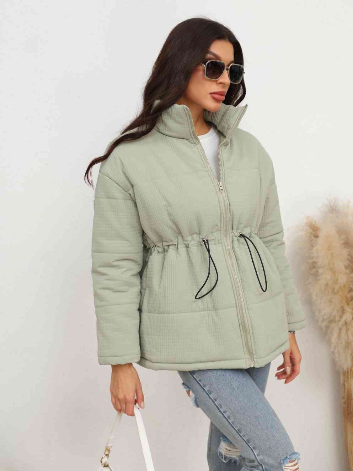 Full Size Drawstring Waist Zip-Up Puffer Jacket