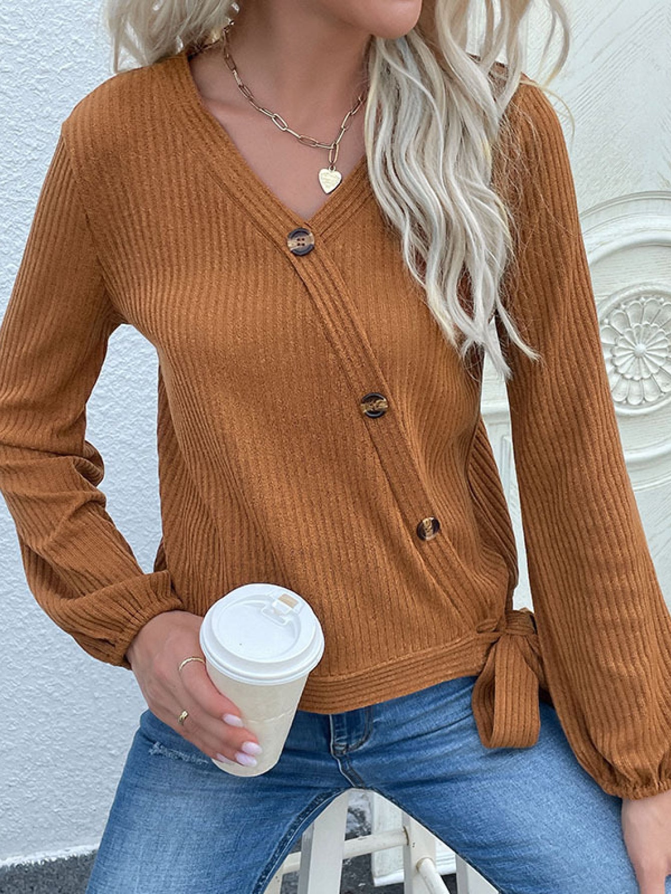 Women's Rib-Knit Asymmetrical Button Blouse