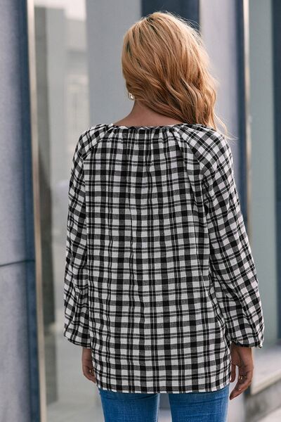 Plaid Tie Neck Balloon Sleeve Blouse