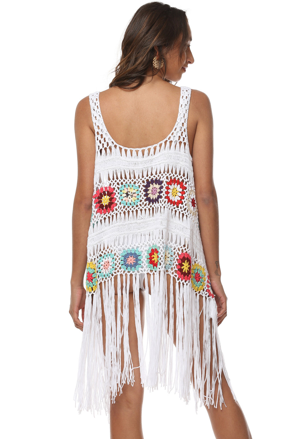 One Size Openwork Fringe Detail Embroidery Sleeveless Cover-Up