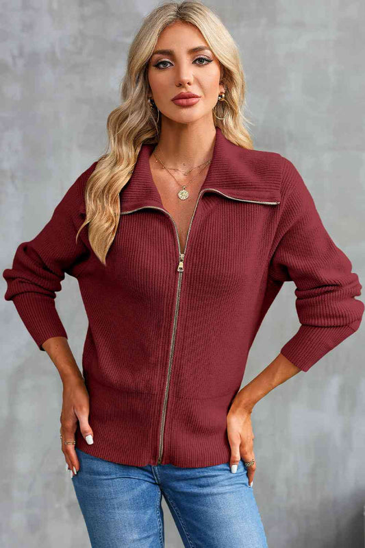 Full Size Zip-Up Collared Cardigan