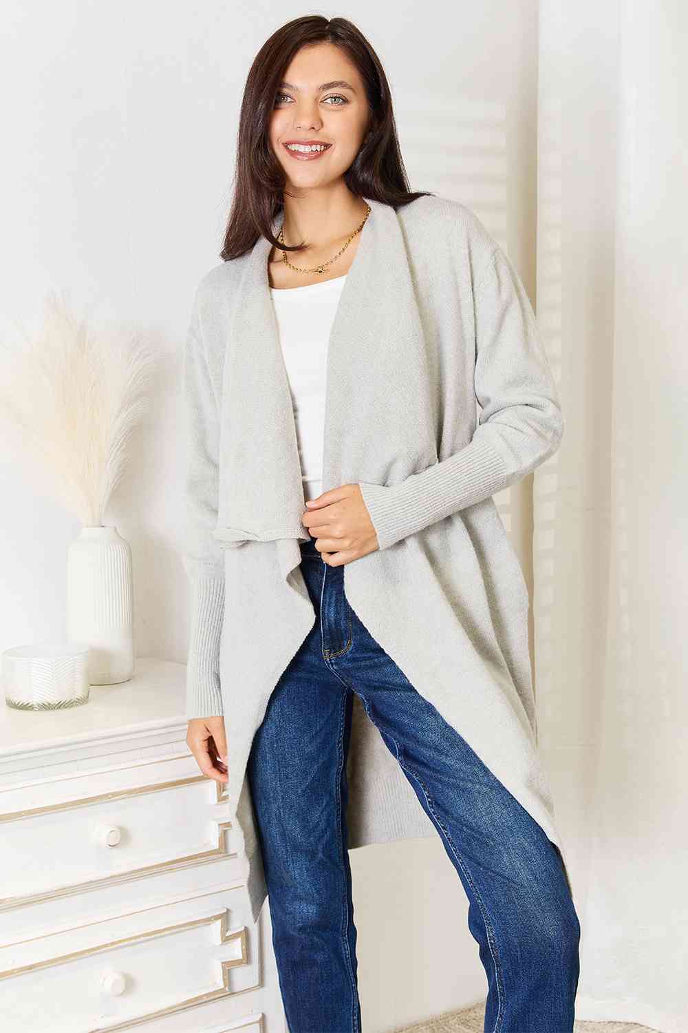 Double Take Open Front Duster Cardigan with Pockets *