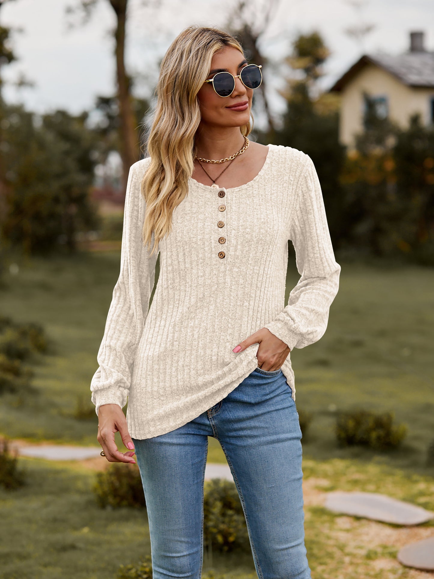 Full Size Round Neck Button-Down Long Sleeve Tee