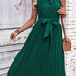 Forest Green Tie Belt Pleated Midi Dress