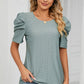 Eyelet Round Neck Puff Sleeve T-Shirt