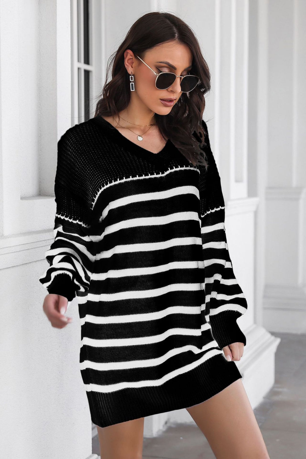 Athena Rea Striped V-Neck Drop Shoulder Sweater Dress