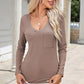 Mocha Brown Ribbed V-Neck Long Sleeve Blouse with Pocket