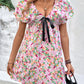 Printed V-Neck Puff Sleeve Mini Dress