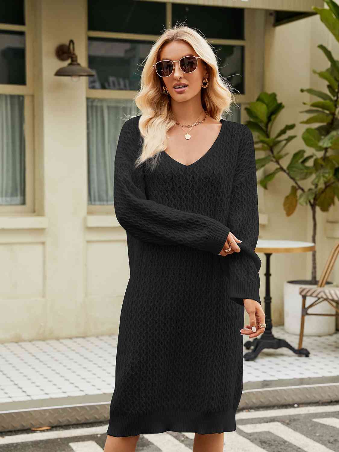 CozyWonders V-Neck Long Sleeve Sweater Dress