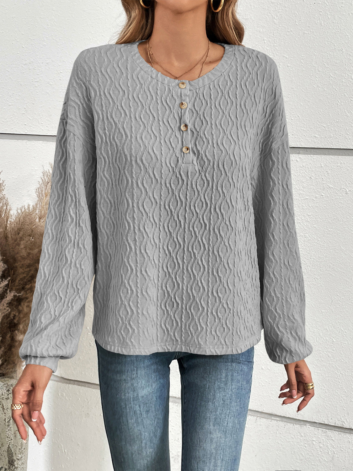 Full Size Half Button Long Sleeve Top