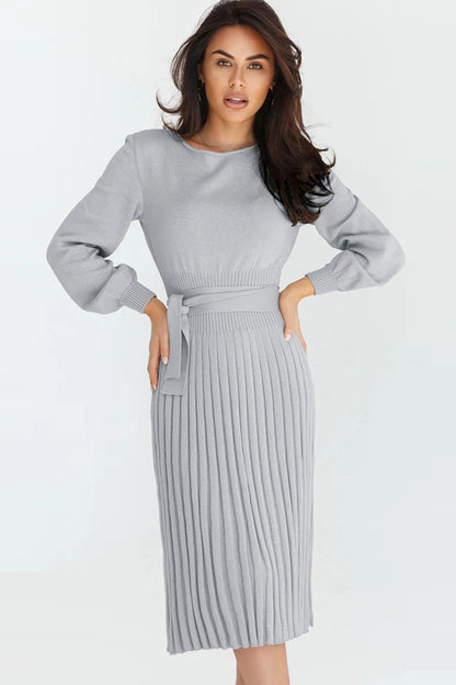 Full Size Round Neck Long Sleeve Pleated Sweater Dress