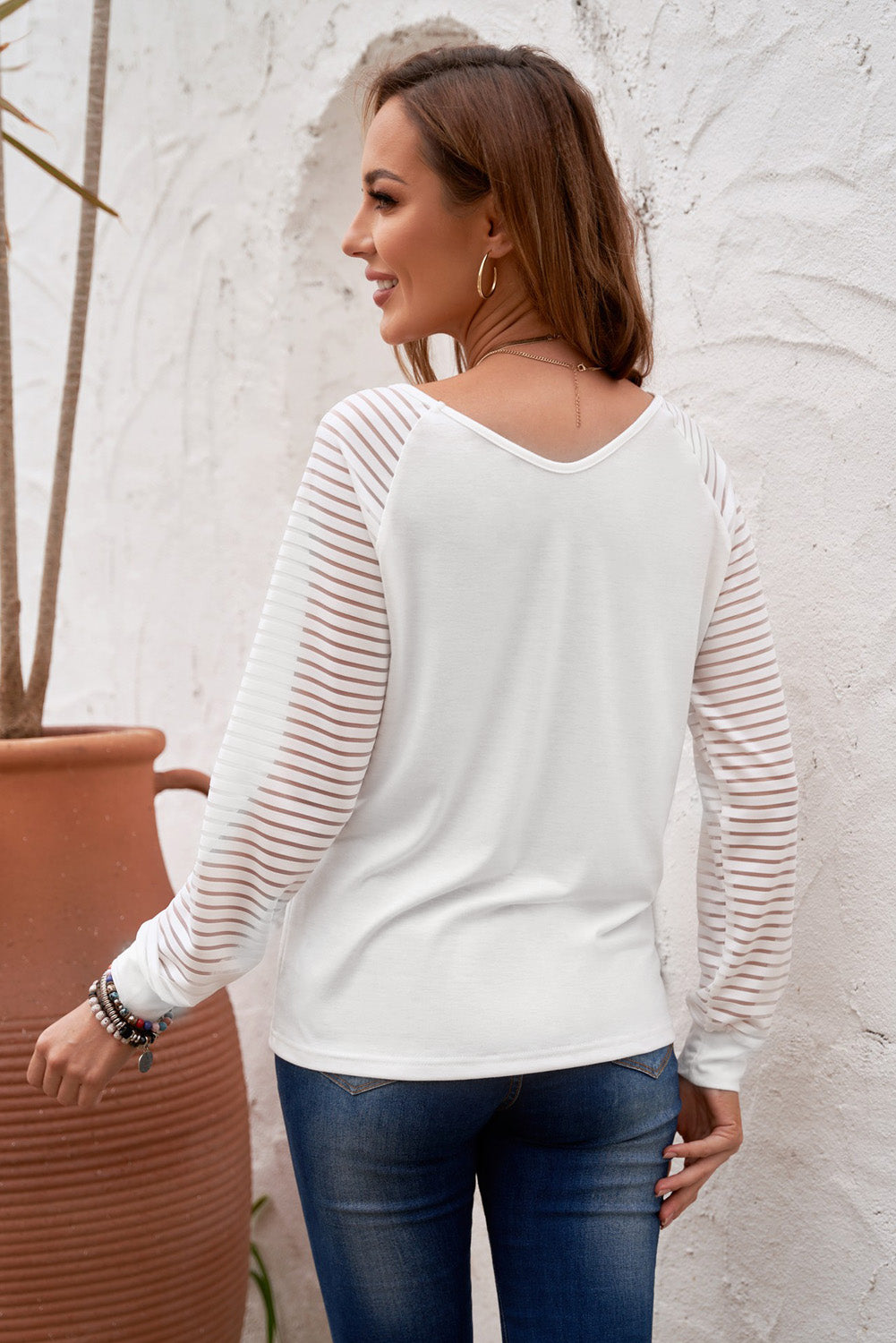 Women's Sheer Striped V-Neck Top