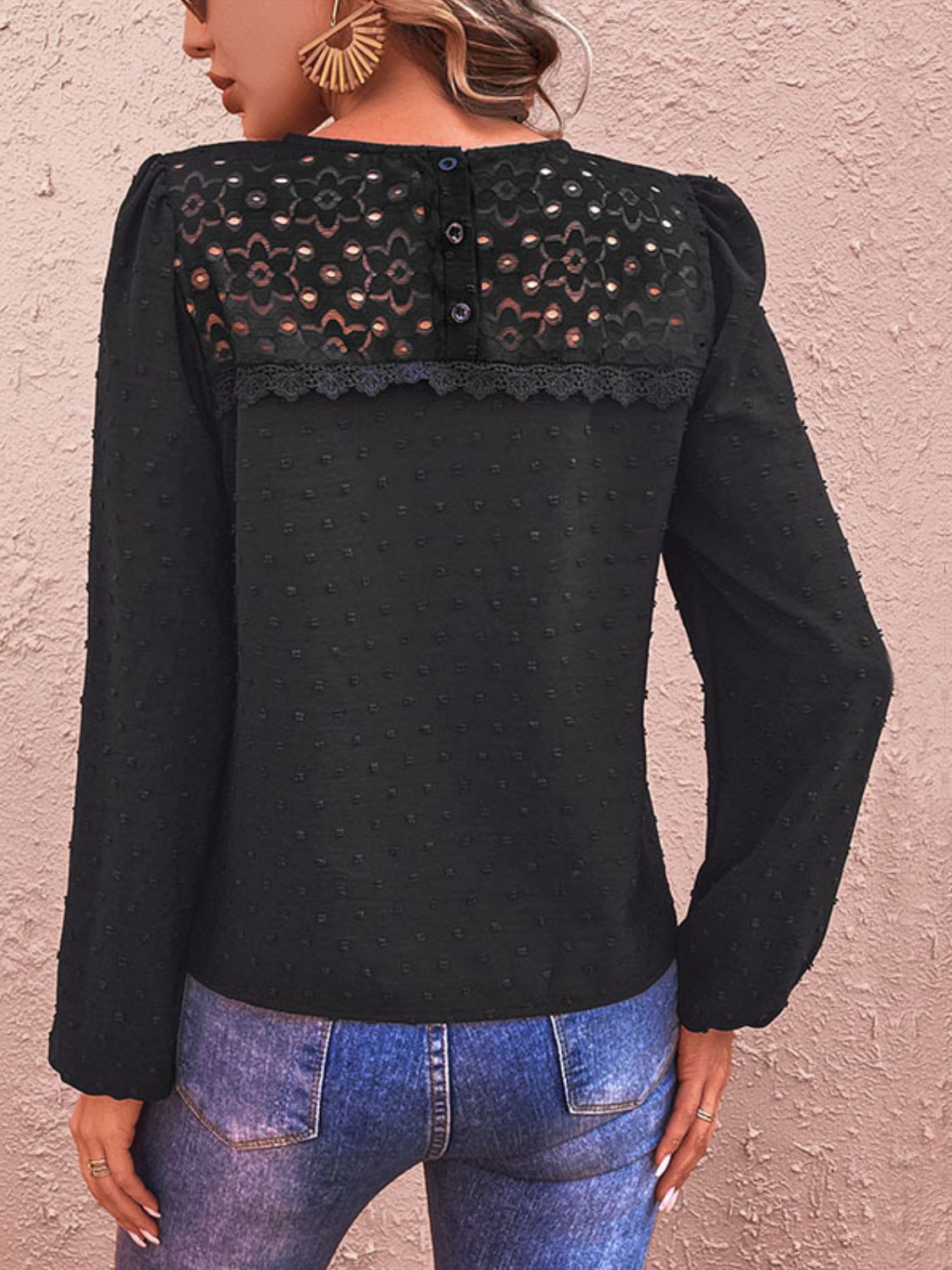 Women's Black Swiss Dot Lace Trim Long Sleeve Blouse