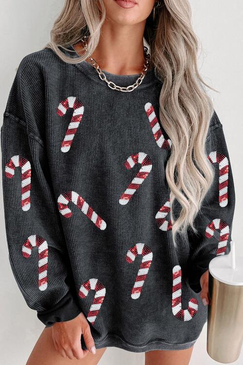 Christmas Themed Sequin Candy Cane Round Neck Sweatshirt