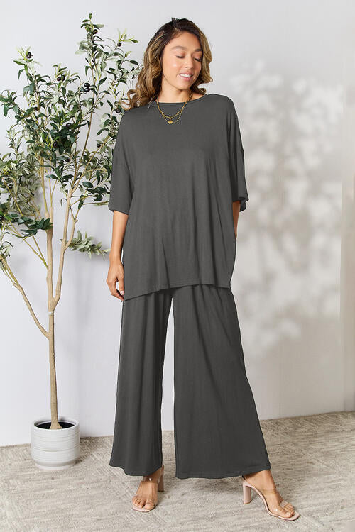 Double Take Full Size Round Neck Slit Top and Pants Set *