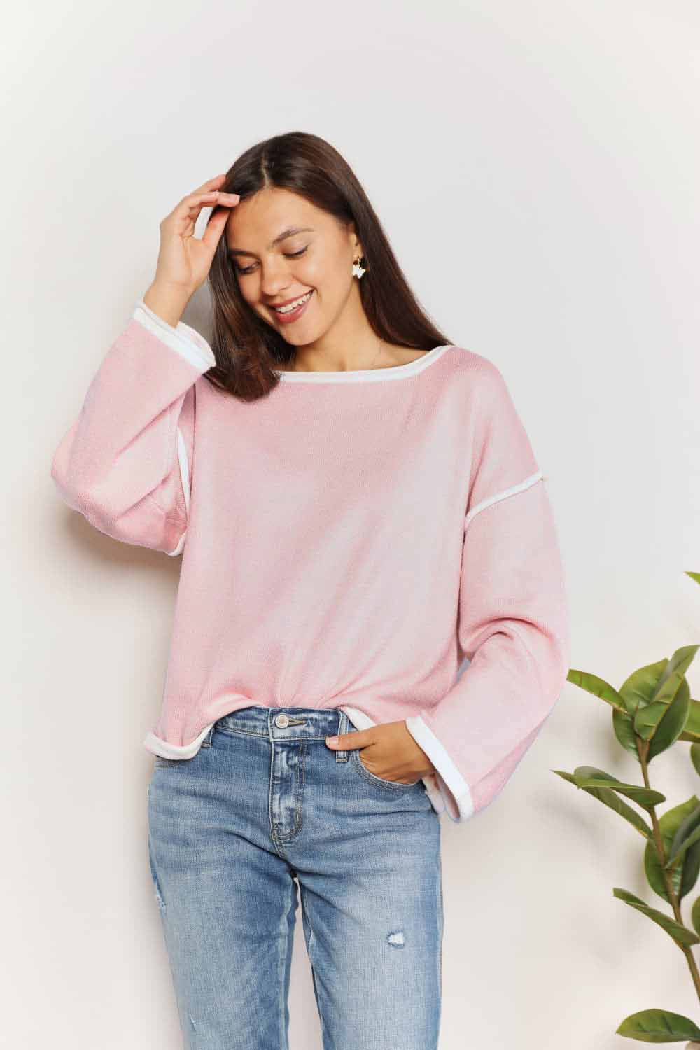 Double Take Blush Pink Contrast Detail Dropped Shoulder Knit Top