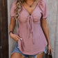 Ruched V-Neck Flounce Sleeve Blouse