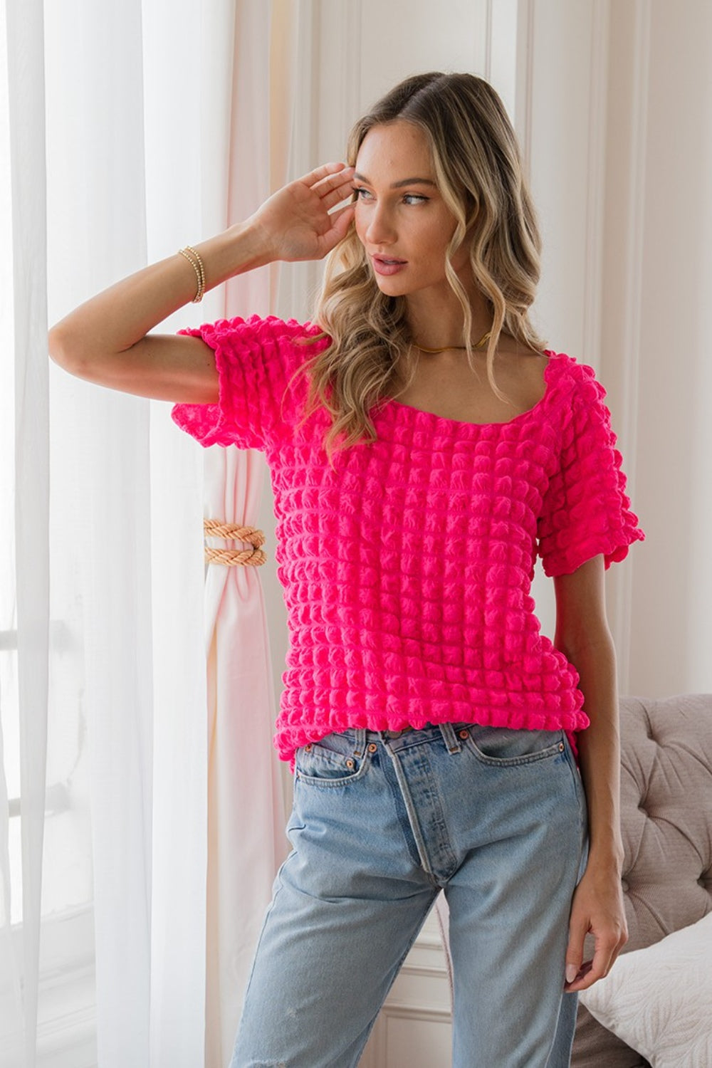 Sew In Love Bubble Textured Round Neck Short Sleeve T-Shirt *