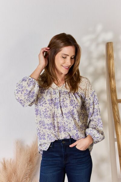 Hailey & Co Full Size Lace Detail Printed Blouse *