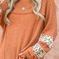 Sherbet Orange Waffle-Knit Leopard Long Sleeve Slit Blouse