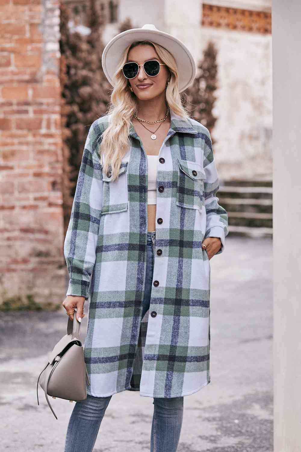 Full Size Plaid Dropped Shoulder Longline Jacket