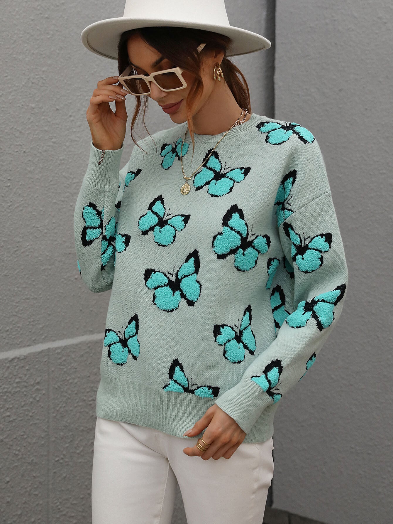 Woven Right Butterfly Dropped Shoulder Crewneck Sweater