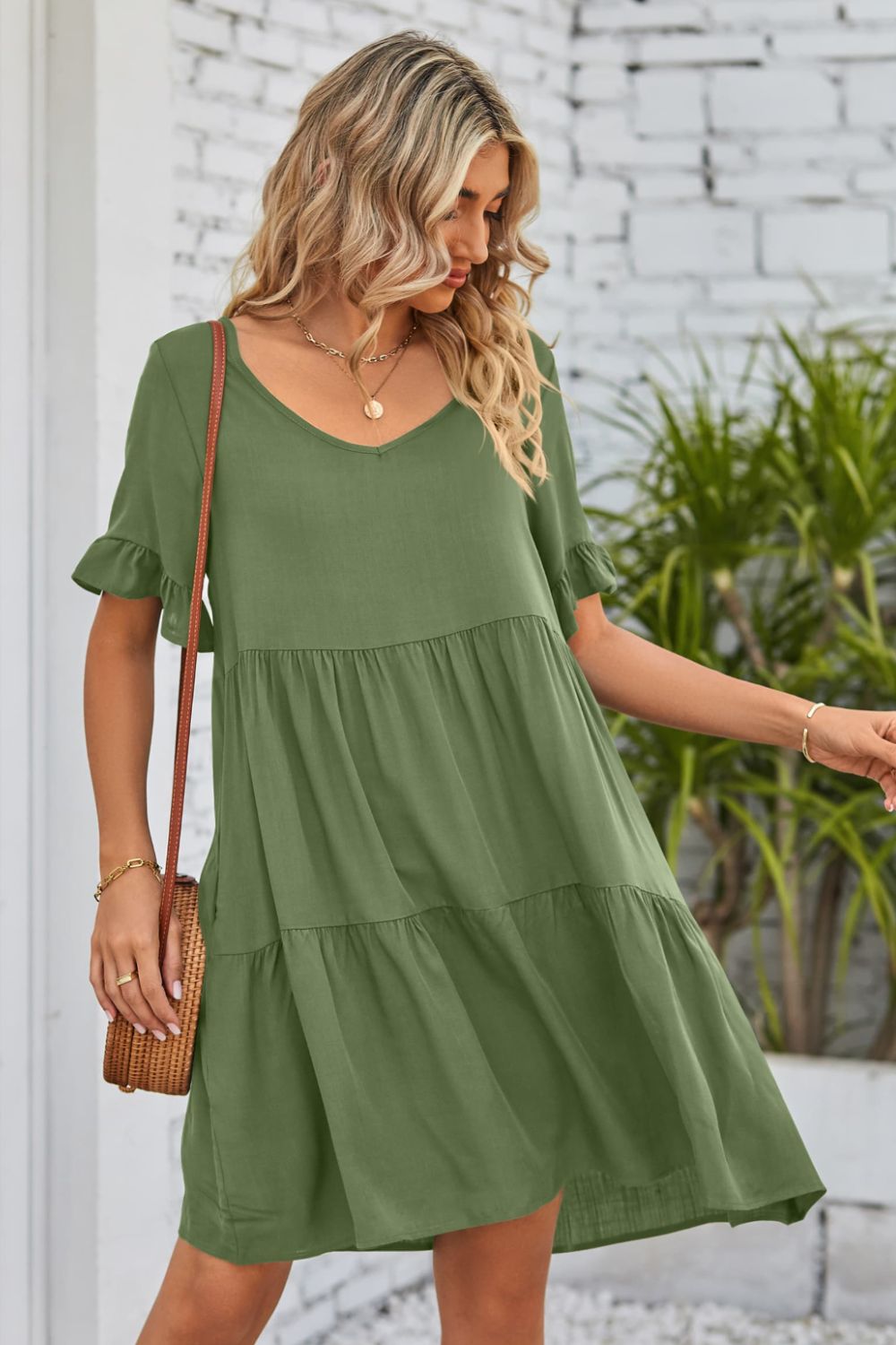 SO BOHO Full Size V-Neck Flounce Sleeve Tiered Dress