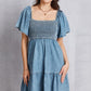 Larissa Bea Smocked Square Neck Mini Denim Dress