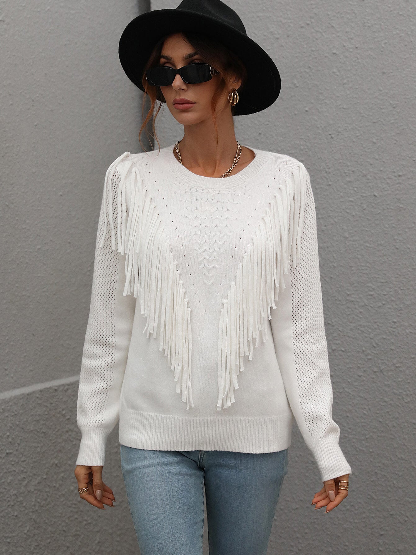 Double Take Fringe Detail Ribbed Trim Sweater