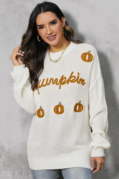 Seasonal Pumpkin Embroidery Long Sleeve Sweater