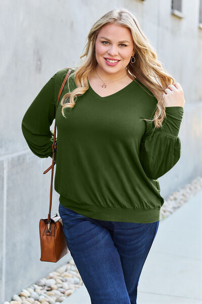 Basic Bae Full Size V-Neck Lantern Sleeve Blouse *