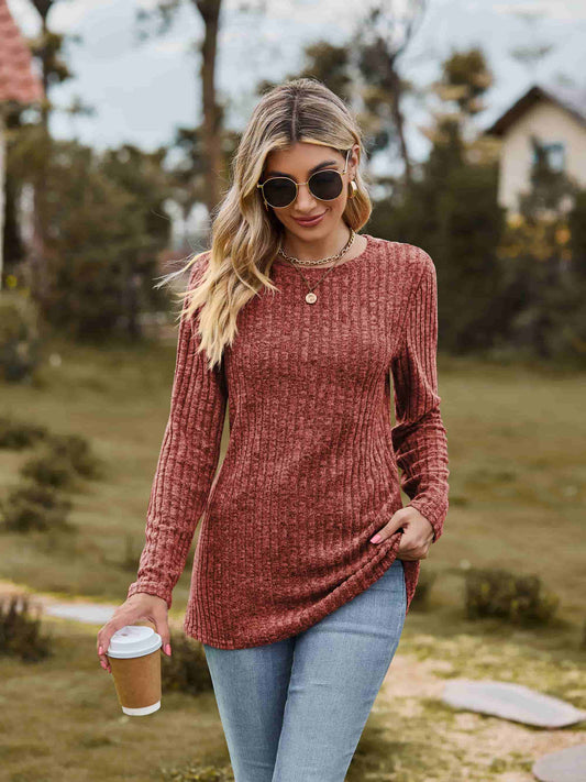 Full Size Ribbed Round Neck Long Sleeve Tee