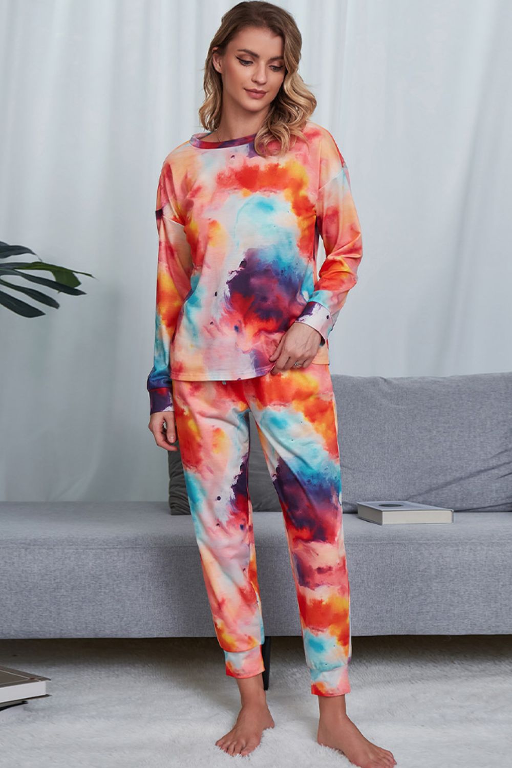 Women's Tie-Dye Crewneck Top and Drawstring Waist Joggers Lounge Set