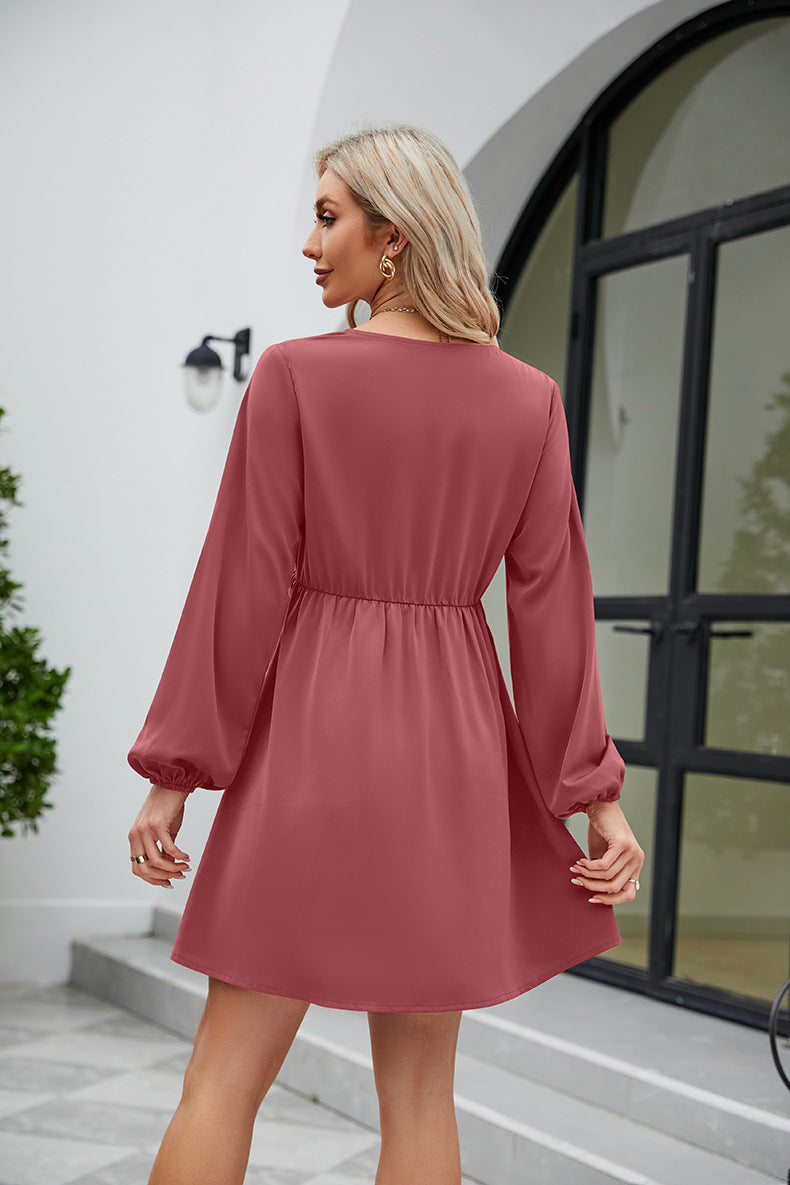 SO YOU Full Size Frill Trim V-Neck Long Sleeve Dress