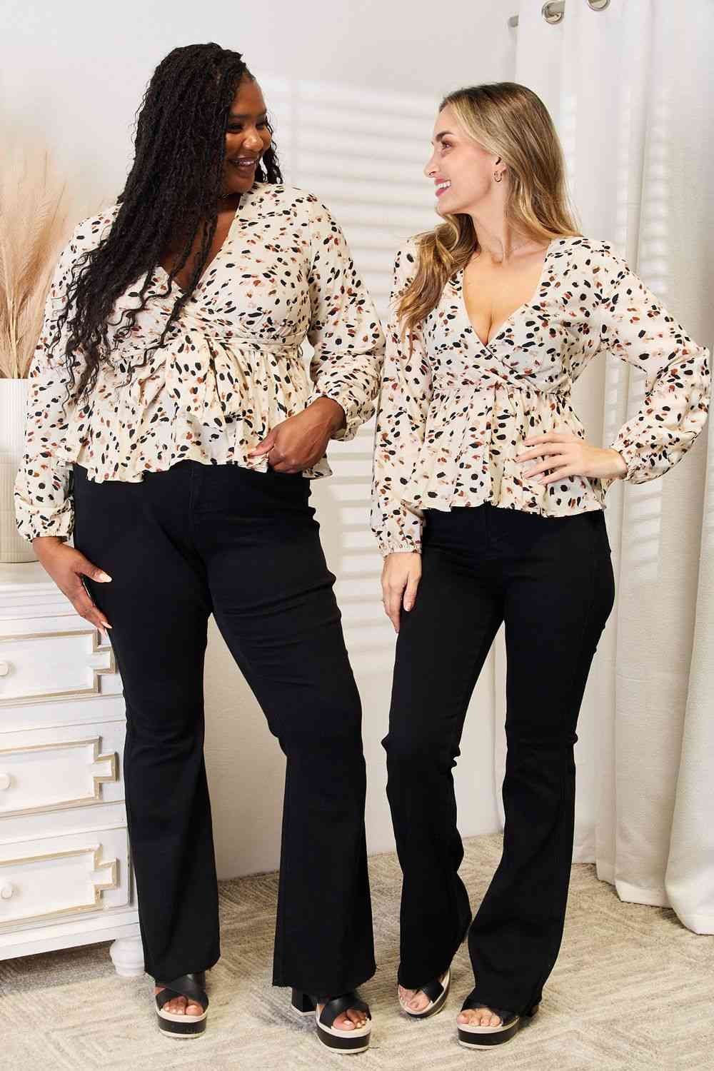 Double Take Printed Tied Plunge Peplum Blouse *