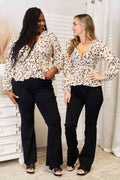 Double Take Printed Tied Plunge Peplum Blouse *