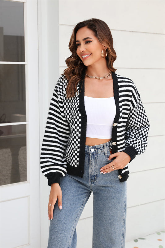 Sophia & Grace Button-Down Stripe & Plaid Contrast Pattern Cardigan