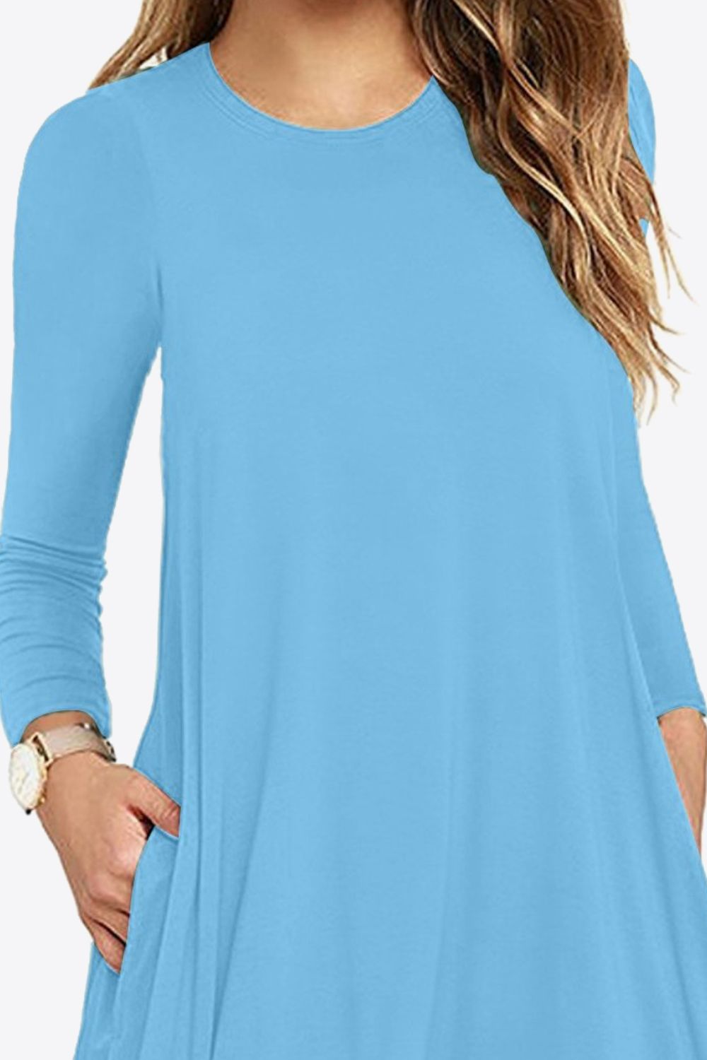 Women's Full Size Agnetha Long-Sleeve Round Neck Dress with Pockets